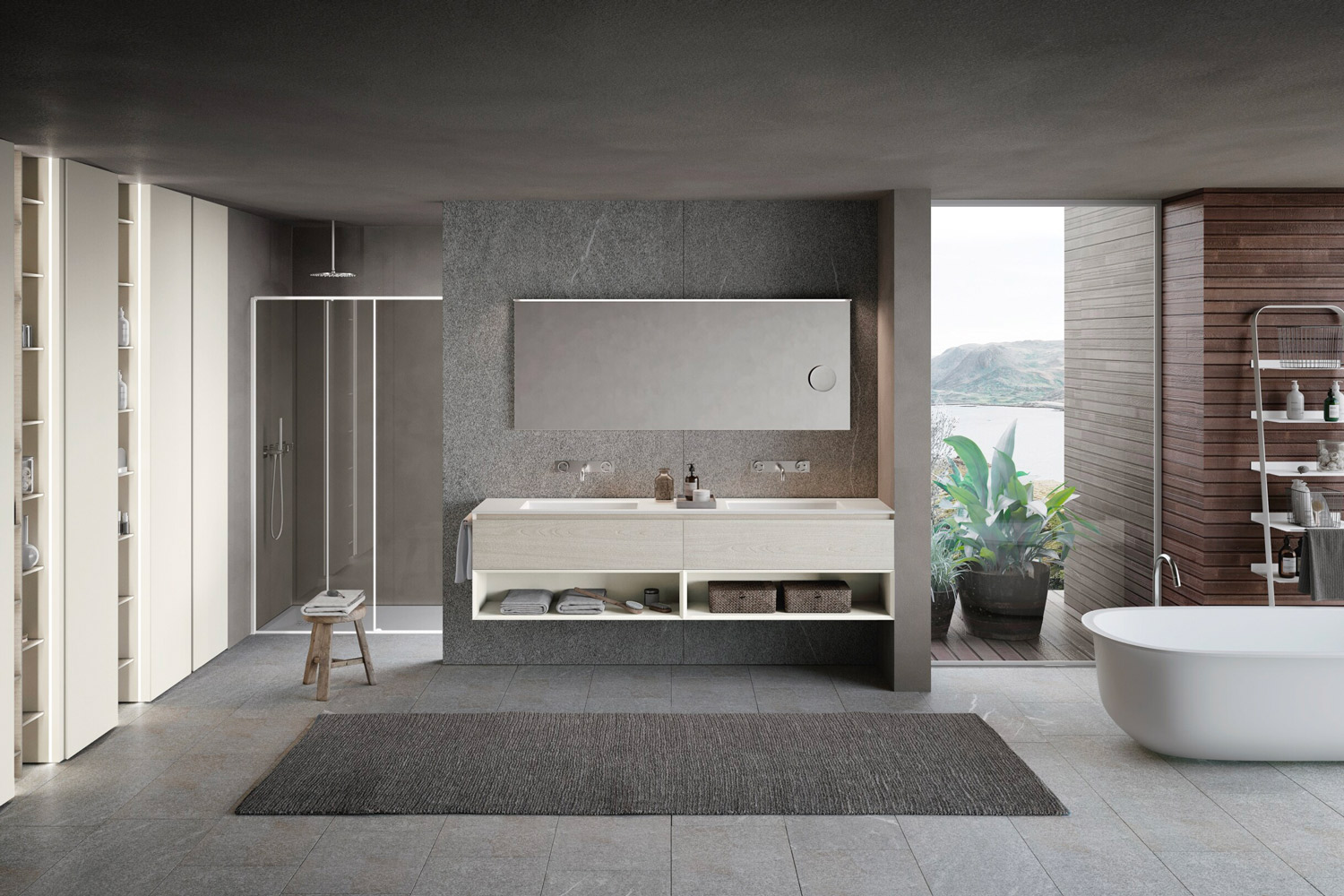Ampia composizione arredo bagno Azzurra dai colori chiari con doppio lavabo e specchiera rettangolare