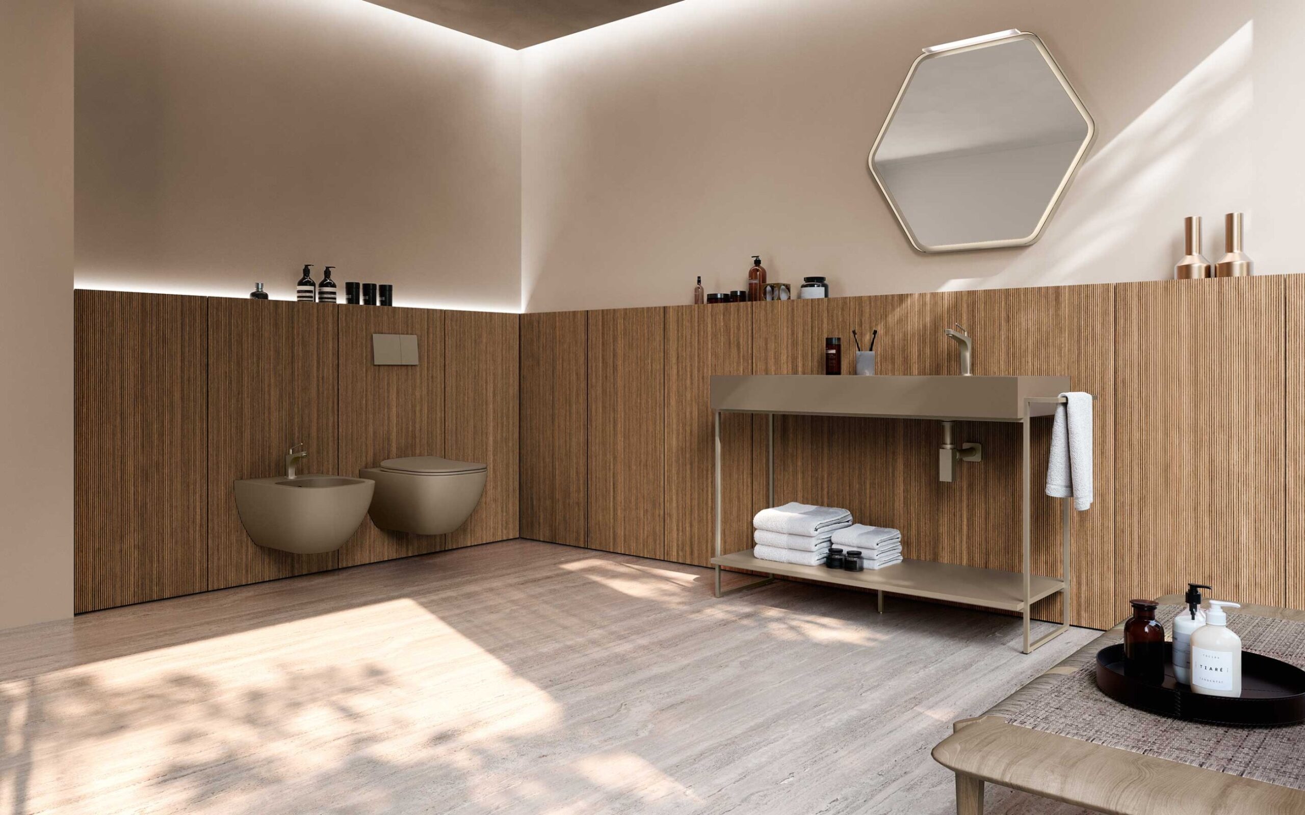 Bagno minimal con sanitari sospesi e sistema a parete Wally di Azzurra.