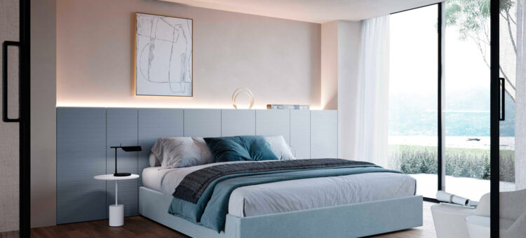 Camera da letto sui toni carta da zucchero. Per la testiera del letto è stato utilizzato il sistema Wally di Azzurra.