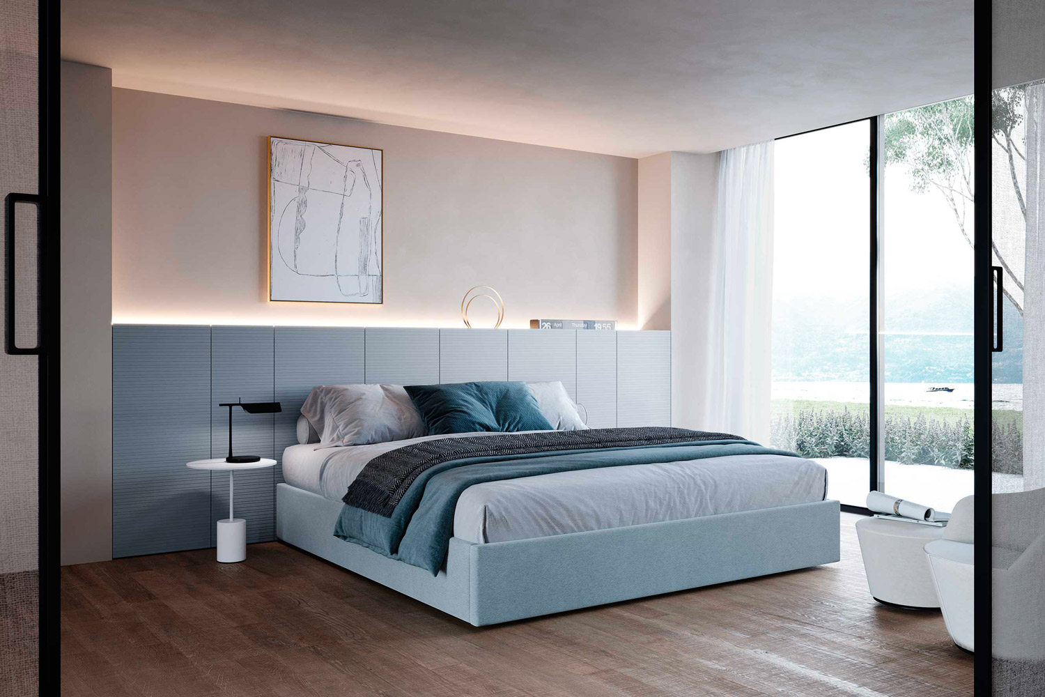 Camera da letto sui toni carta da zucchero. Per la testiera del letto è stato utilizzato il sistema Wally di Azzurra.