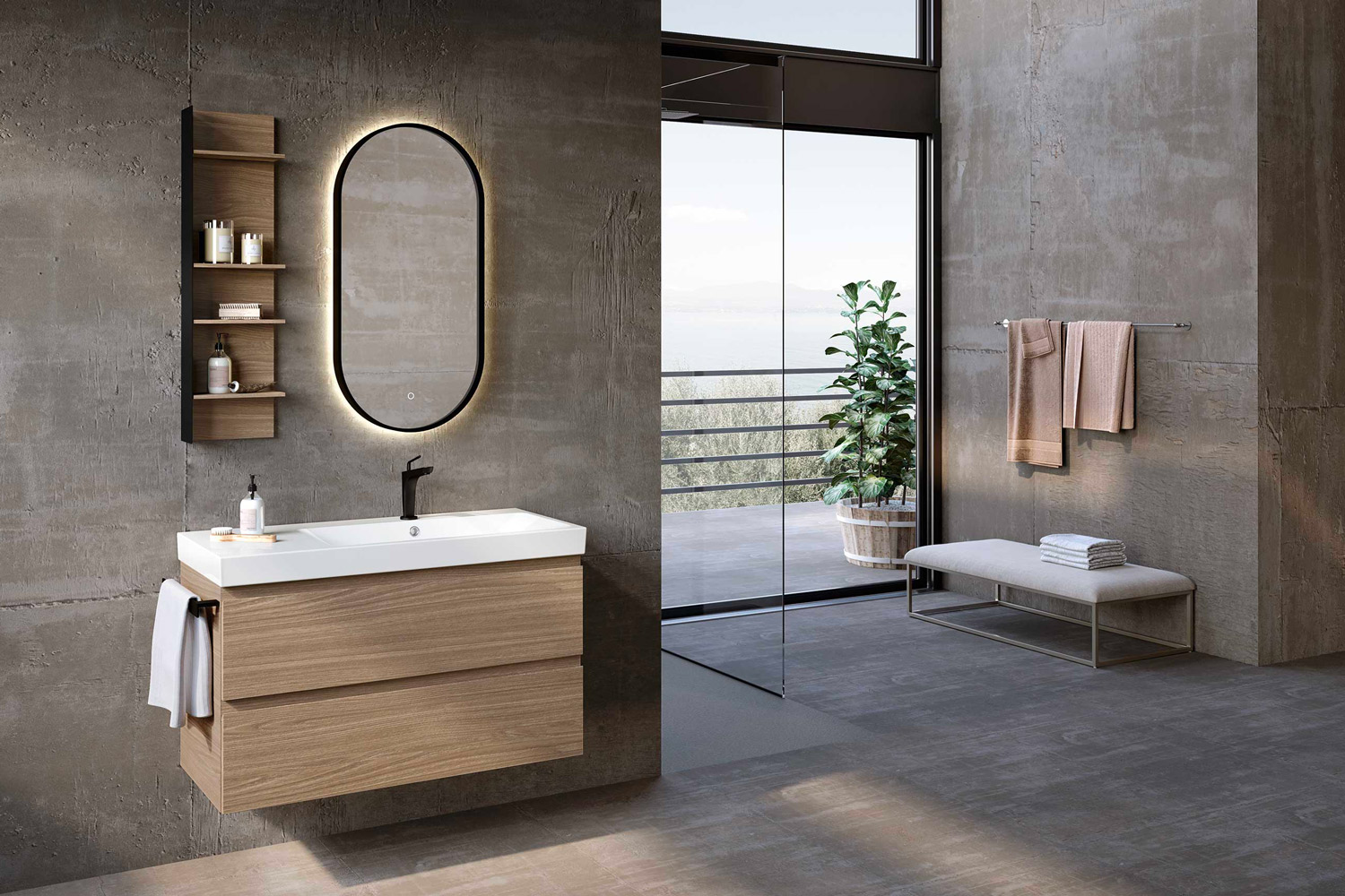 Stanza da bagno con pareti in cemento grezzo.