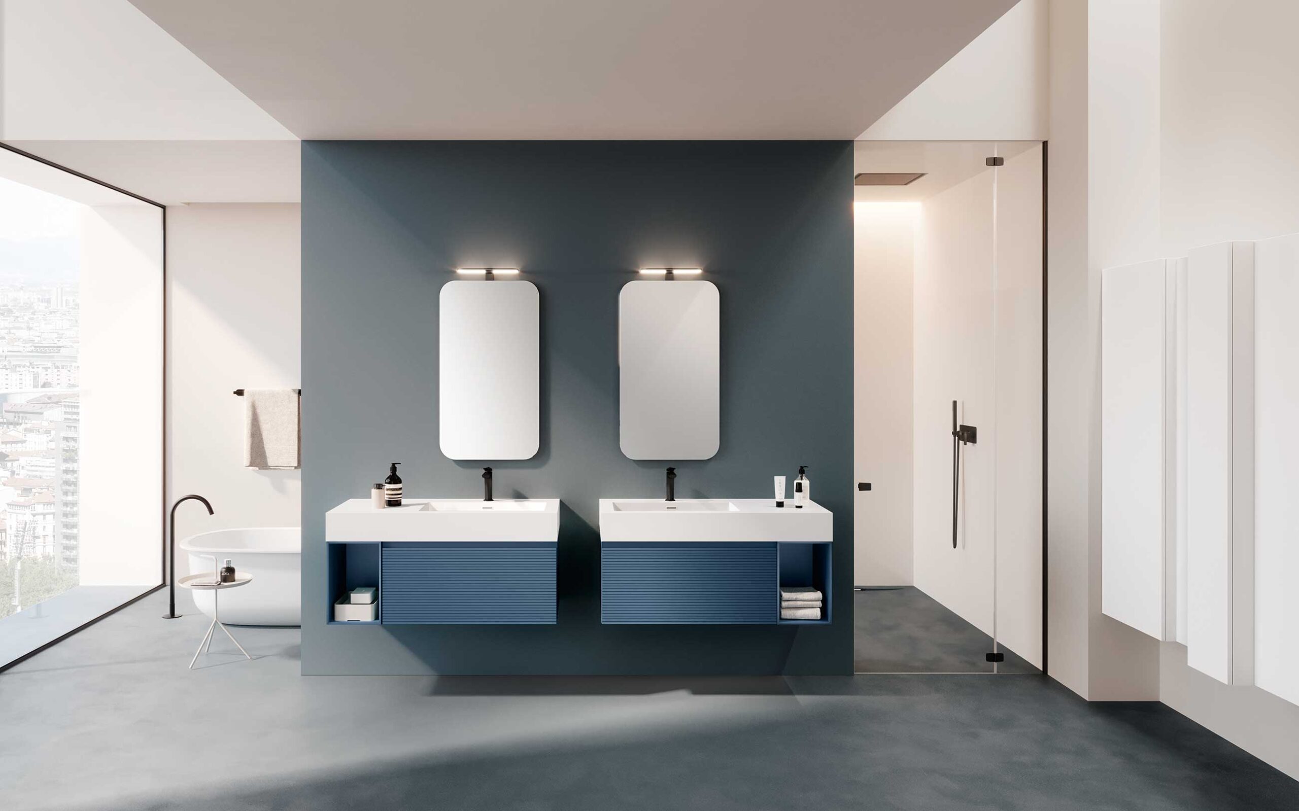 Doppio mobile bagno sospeso blu profondo con specchi retroilluminati e parete a contrasto