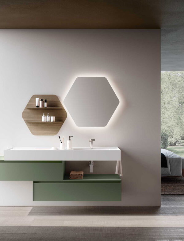 Mobile bagno sospeso verde salvia con doppio cassone, specchio esagonale retroilluminato