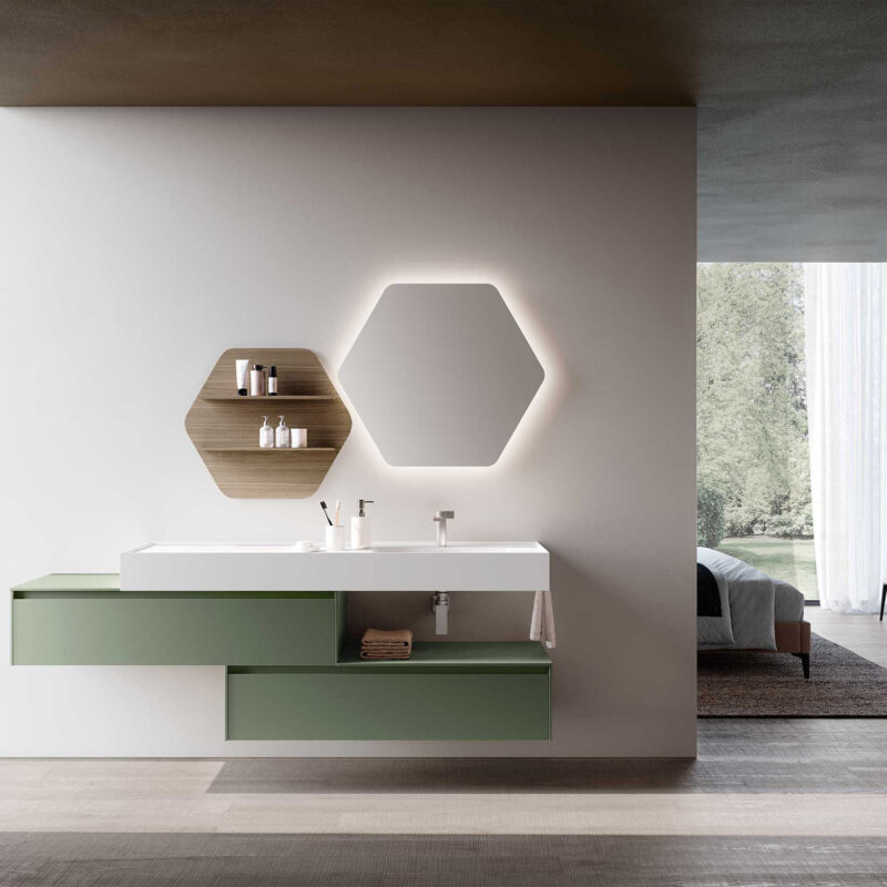 Mobile bagno sospeso verde salvia con doppio cassone, specchio esagonale retroilluminato