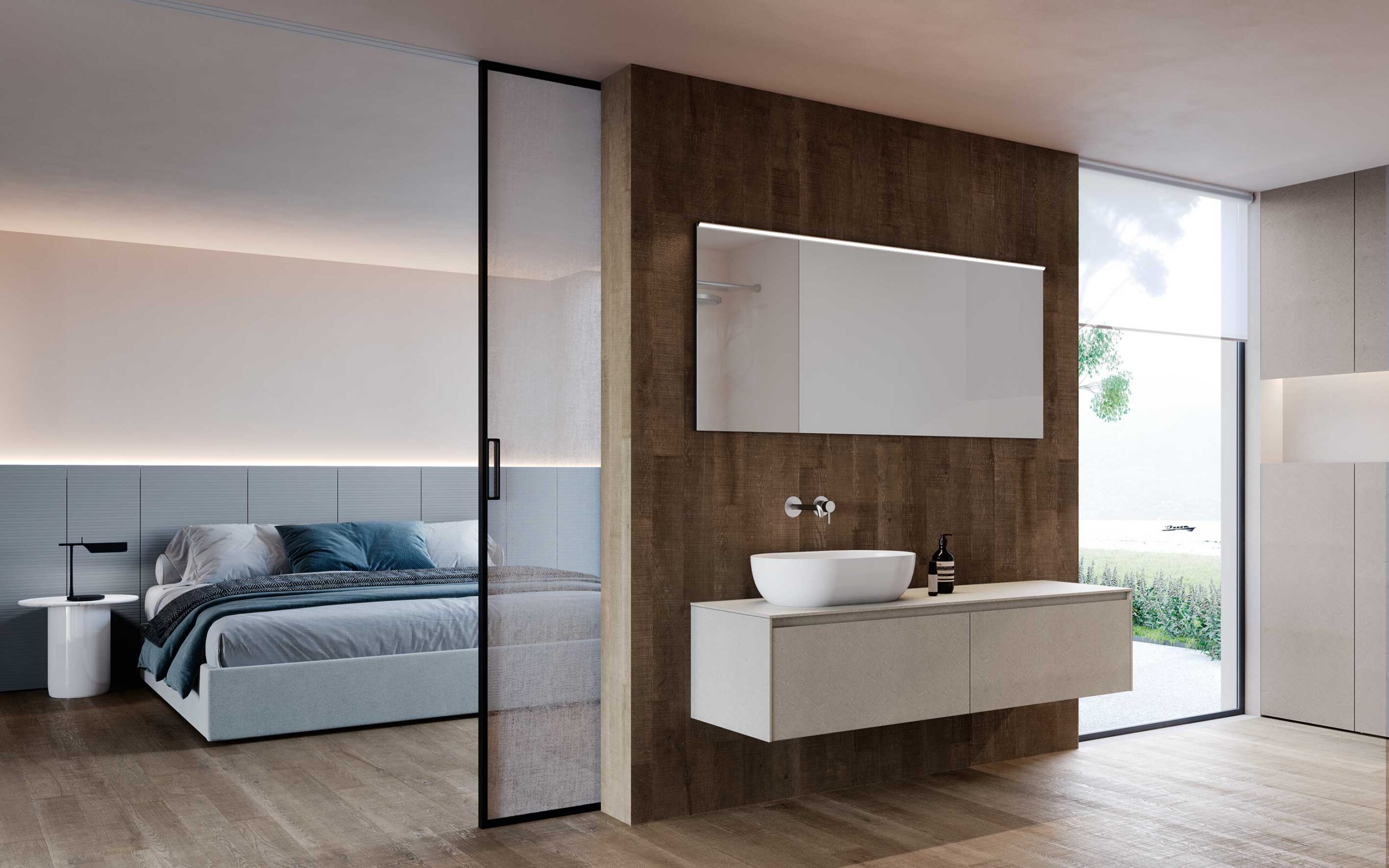 Bagno en suite contemporaneo con mobile sospeso bianco, lavabo da appoggio e grande specchio integrato nella parete effetto legno