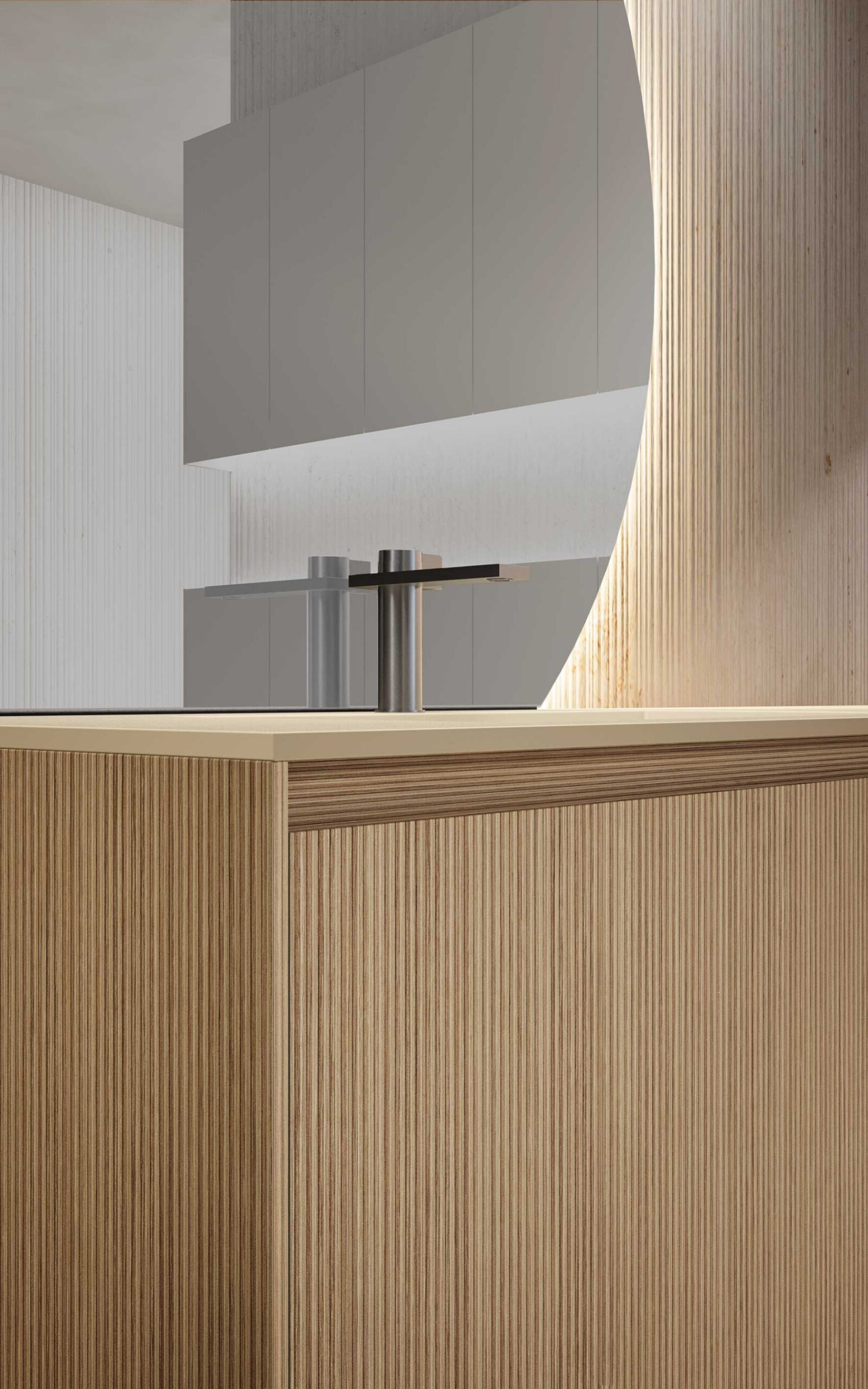 Dettaglio del mobile bagno Azzurra Lime 0 con frontali in Dekorativo 3D rigato effetto legno, lavabo integrato e specchio retroilluminato dal design contemporaneo.