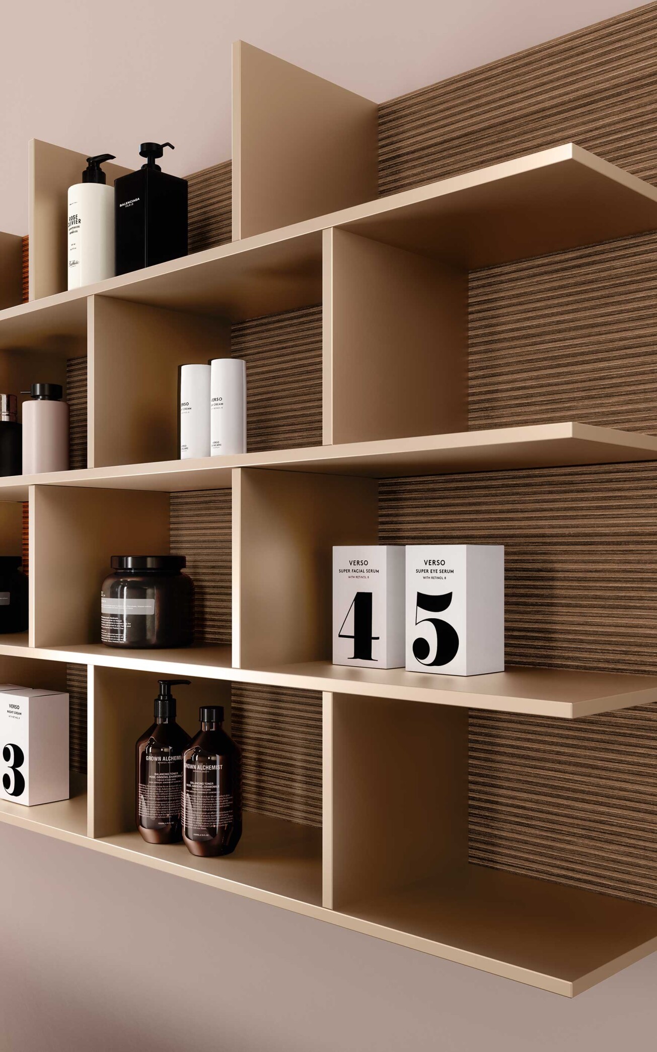 Dettaglio del sistema di mensole e vani a giorno Azzurra Lime 2 con finitura laccata e schienale Dekorativo 3D effetto legno, ideale per organizzare prodotti e accessori da bagno.