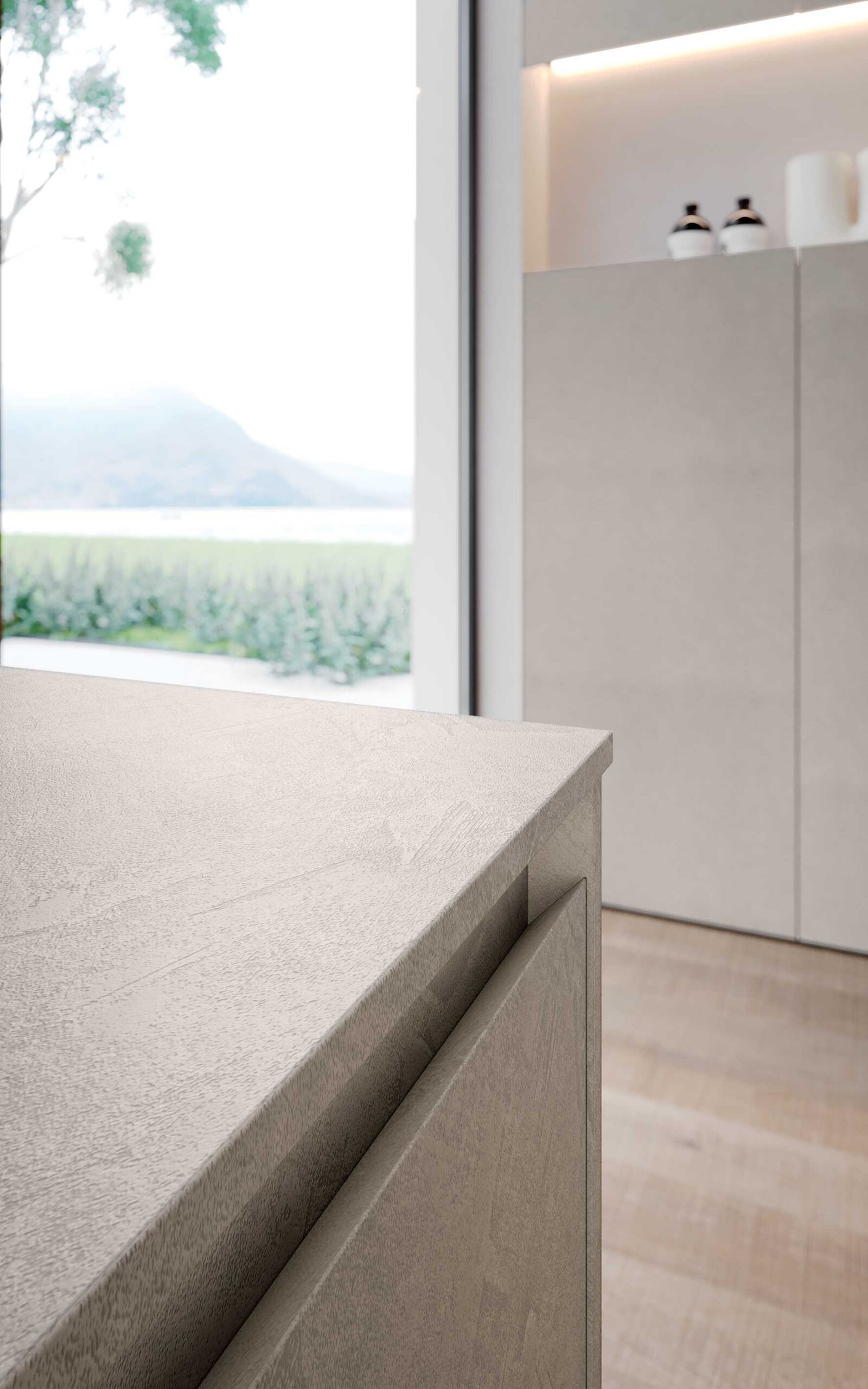Dettaglio del top e della gola del mobile bagno Azzurra Lime 2 in finitura Dekorativo 3D effetto cemento, con design minimale e superfici materiche.