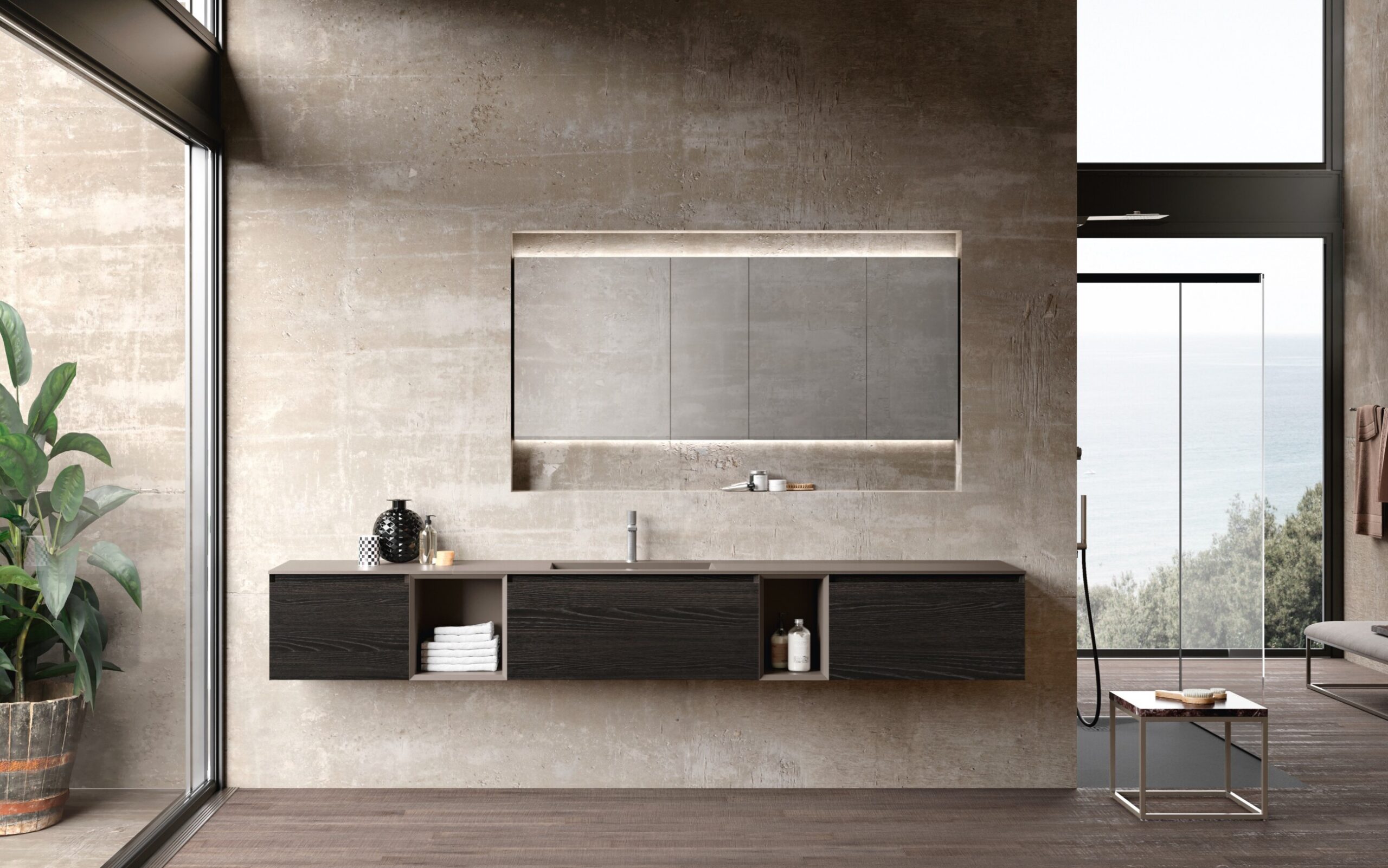 Mobile bagno sospeso in in Dekorativo Castagno scuro con specchio contenitore